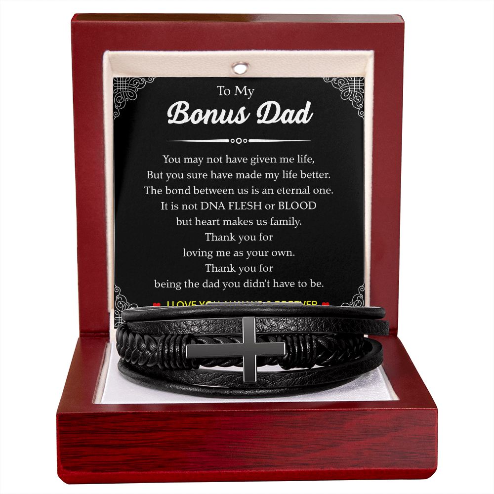 To My Bonus Dad Bracelet – Black Leather Cross Bracelet with Heartfelt Message Card Gift