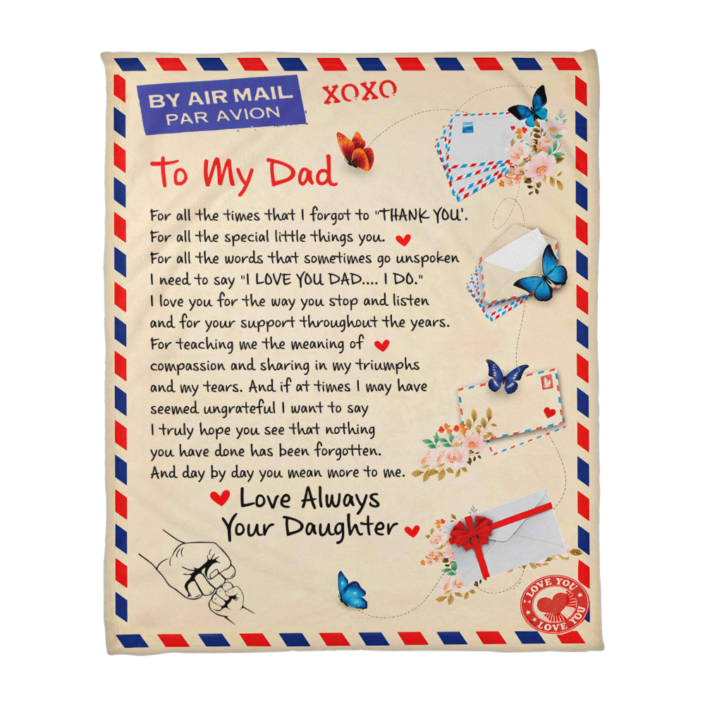 To My Dad Airmail Blanket from Daughter – Sentimental Fleece Throw with Heartfelt Love Letter &amp; Butterfly Design Gift