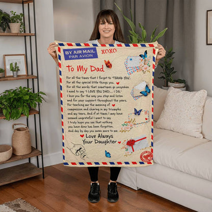 To My Dad Airmail Blanket from Daughter – Sentimental Fleece Throw with Heartfelt Love Letter &amp; Butterfly Design Gift