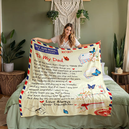 To My Dad Airmail Blanket from Daughter – Sentimental Fleece Throw with Heartfelt Love Letter &amp; Butterfly Design Gift