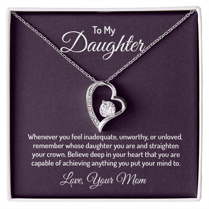 Forever Love Necklace for Daughter from Mom – CZ Heart Pendant, 14k White/18k Yellow Gold Finish, Adjustable Chain & Gift Box