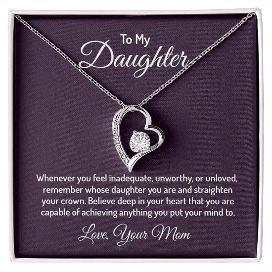 Forever Love Necklace for Daughter from Mom – CZ Heart Pendant, 14k White/18k Yellow Gold Finish, Adjustable Chain & Gift Box