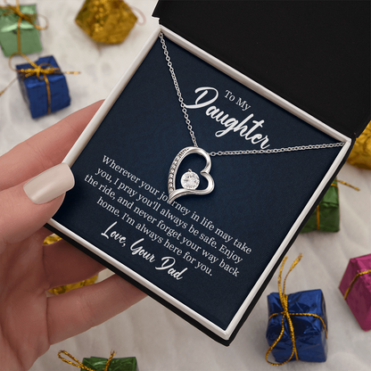Forever Love Necklace for Daughter from Dad – CZ Heart Pendant, 14k White Gold or 18k Gold Finish, Adjustable 18–22" Chain, Gift Box