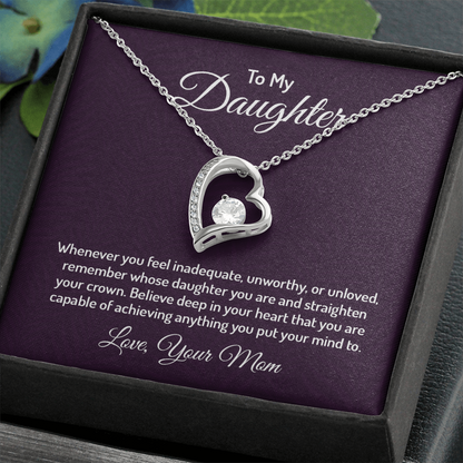 Forever Love Necklace for Daughter from Mom – CZ Heart Pendant, 14k White/18k Yellow Gold Finish, Adjustable Chain &amp; Gift Box