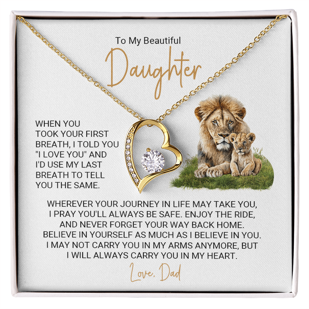 Forever Love Necklace for Daughter – Meaningful Gift from Dad, Heart Pendant Necklace with Lion Father &amp; Daughter Message Card
