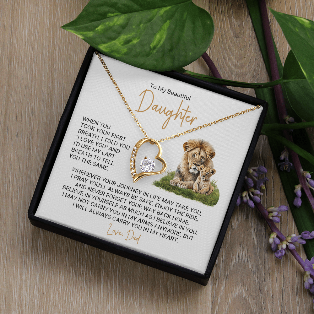 Forever Love Necklace for Daughter – Meaningful Gift from Dad, Heart Pendant Necklace with Lion Father &amp; Daughter Message Card