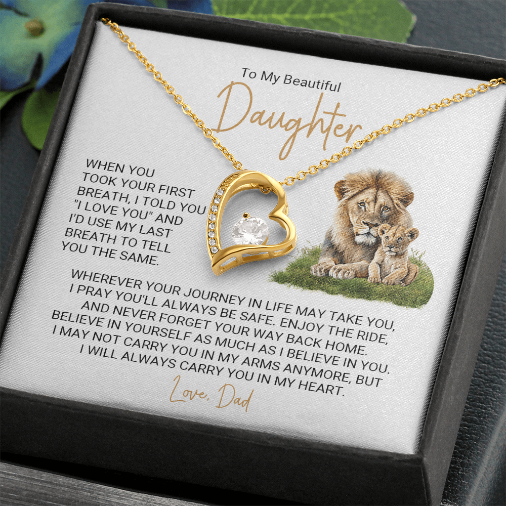 Forever Love Necklace for Daughter – Meaningful Gift from Dad, Heart Pendant Necklace with Lion Father &amp; Daughter Message Card