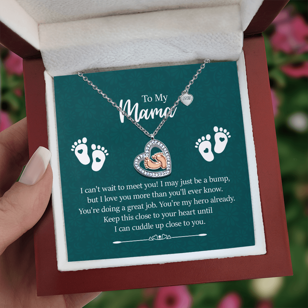 Baby Feet Heart Necklace – “To My Mama” Sterling Silver &amp; 14K Rose Gold CZ Pendant | New Mom, Baby Shower &amp; Mother’s Day Gift