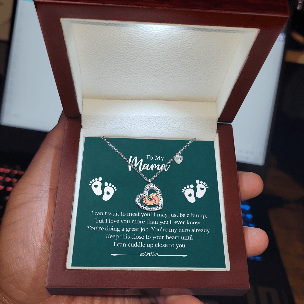 Baby Feet Heart Necklace – “To My Mama” Sterling Silver &amp; 14K Rose Gold CZ Pendant | New Mom, Baby Shower &amp; Mother’s Day Gift