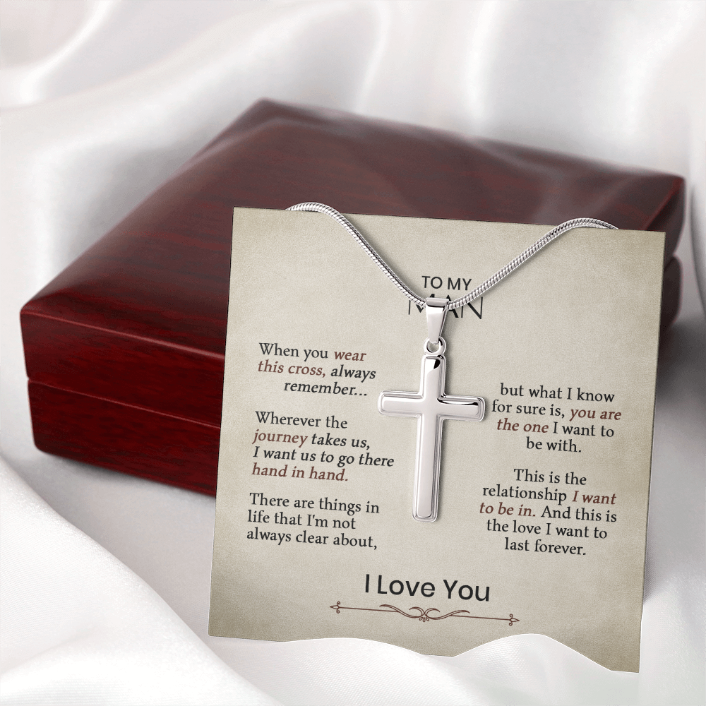 Cross Necklace for Him – Christian Cross Necklace Gift for Boyfriend, Husband or Partner with Romantic Faith Message Card