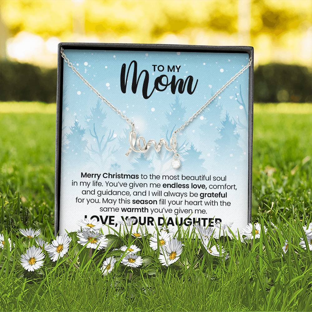 Love Necklace for Mom – Meaningful Christmas Gift from Daughter, Gold Scripted Love Necklace with Heartfelt Message Card