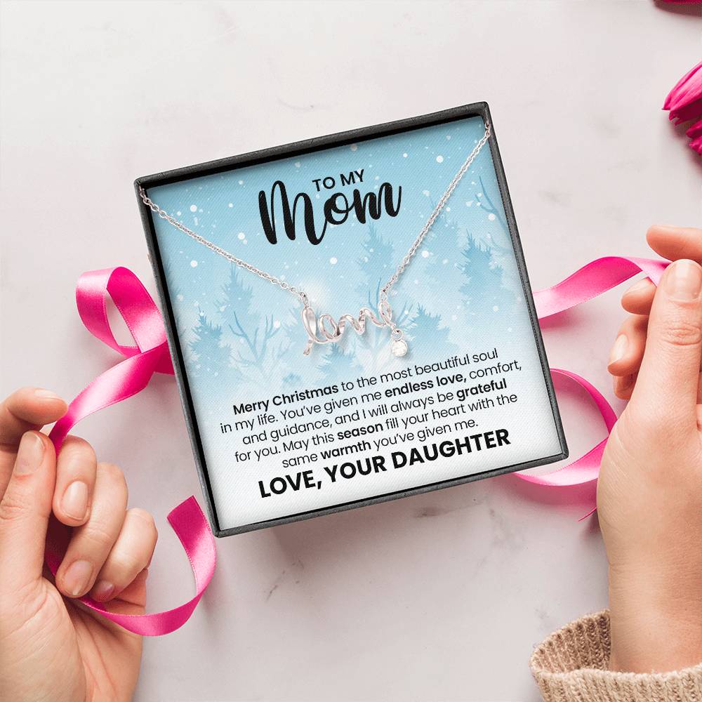 Love Necklace for Mom – Meaningful Christmas Gift from Daughter, Gold Scripted Love Necklace with Heartfelt Message Card