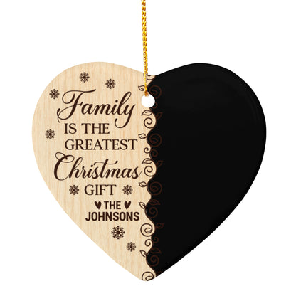 Family Is the Greatest Christmas Gift Ceramic Heart Ornament – Personalized Photo Keepsake with Gold Hanging Cord