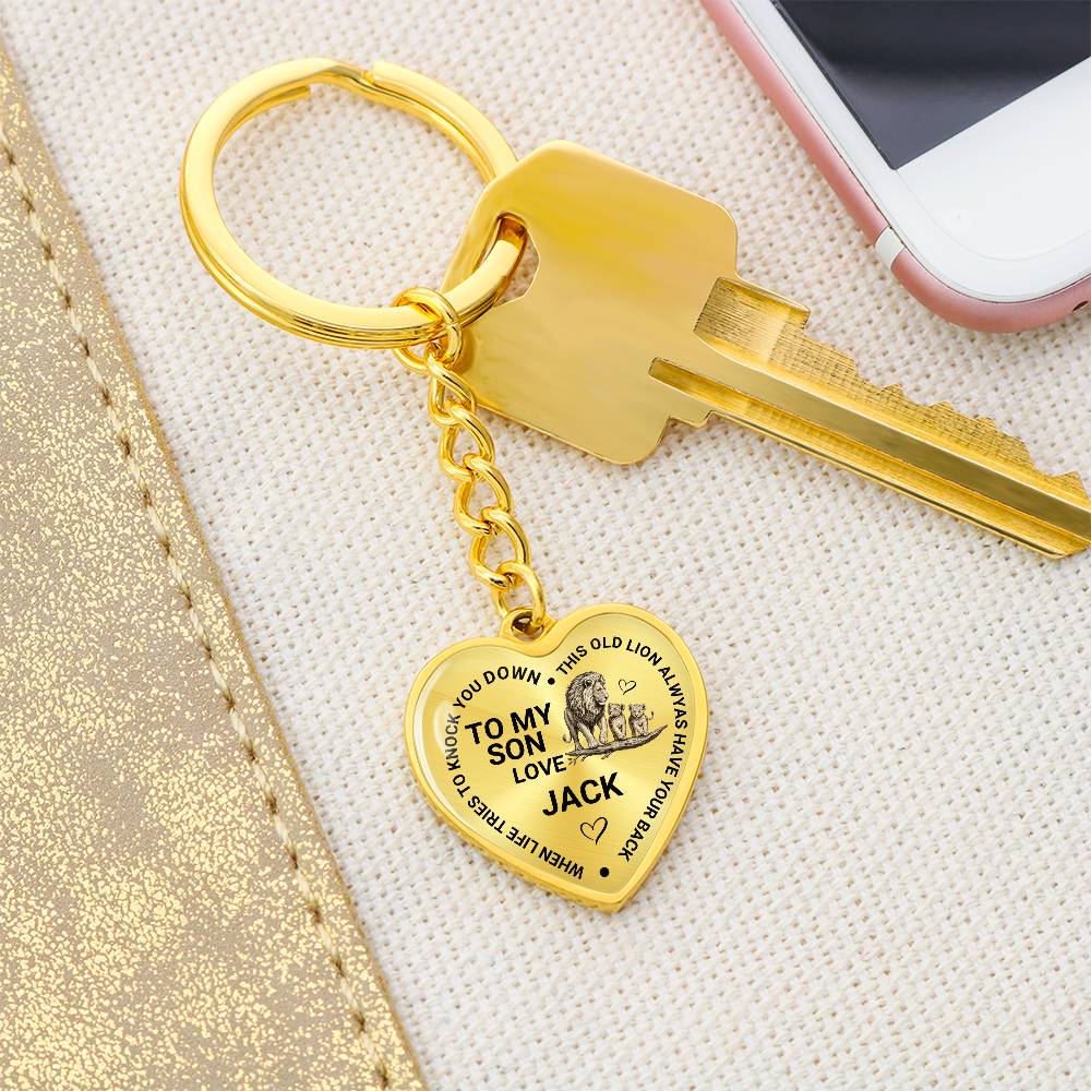 To My Son Heart Keychain Gift from Dad, Old Lion Always Has Your Back Personalized Keepsake