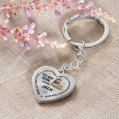 To My Son Heart Keychain Gift from Dad, Old Lion Always Has Your Back Personalized Keepsake