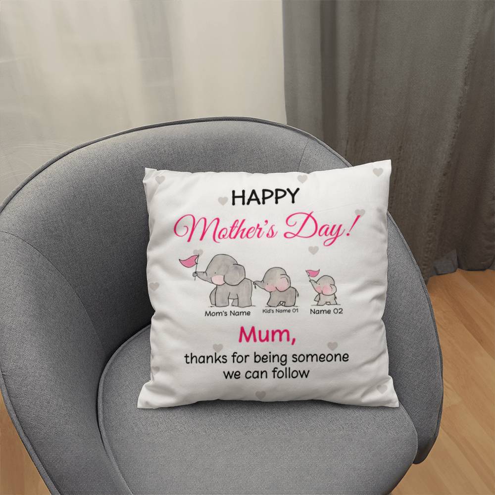 Personalized Mother’s Day Elephant Pillow – Custom Mom and Kids Name Pillow, Happy Mother’s Day Gift for Mom, Cute Mom Throw Pillow