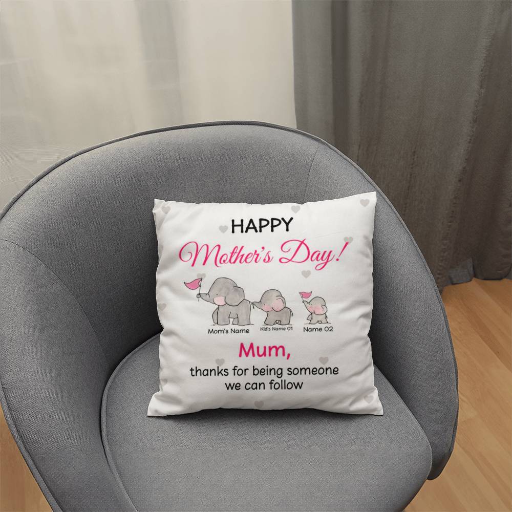 Personalized Mother’s Day Elephant Pillow – Custom Mom and Kids Name Pillow, Happy Mother’s Day Gift for Mom, Cute Mom Throw Pillow