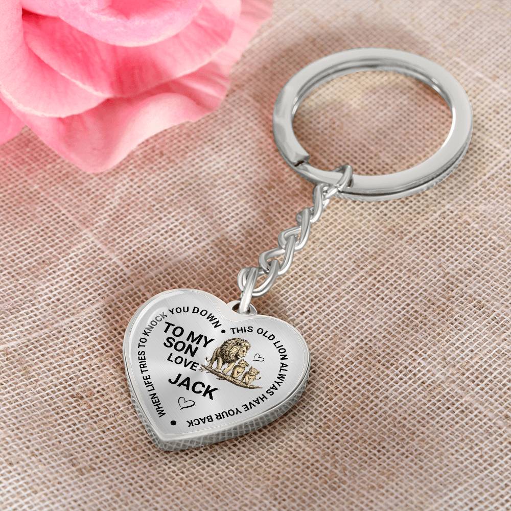 To My Son Heart Keychain Gift from Dad, Old Lion Always Has Your Back Personalized Keepsake