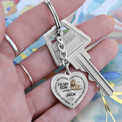 To My Son Heart Keychain Gift from Dad, Old Lion Always Has Your Back Personalized Keepsake