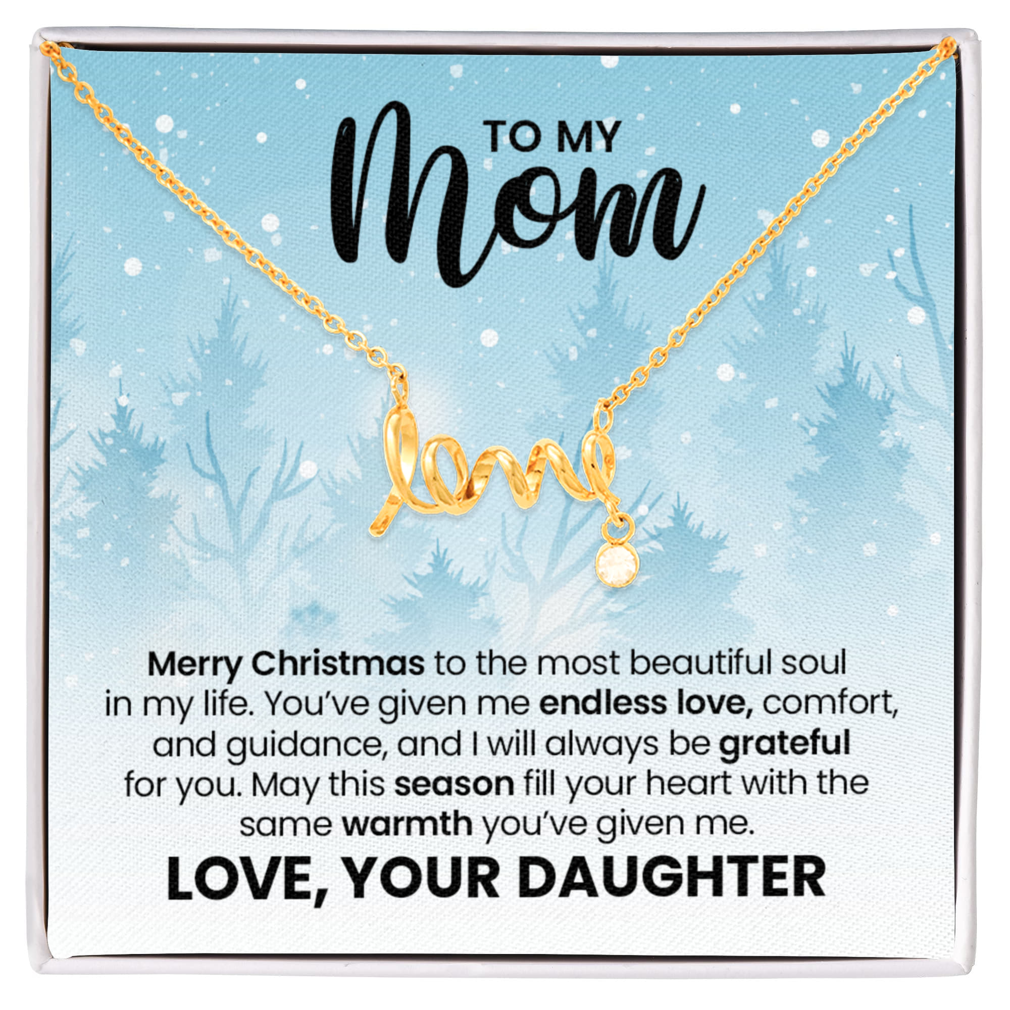 Love Necklace for Mom – Meaningful Christmas Gift from Daughter, Gold Scripted Love Necklace with Heartfelt Message Card