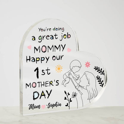 1st Mother’s Day Personalized Acrylic Plaque – First Mother’s Day Gift for Mommy, Custom Mom &amp; Baby Name Keepsake, New Mom Heart Plaque