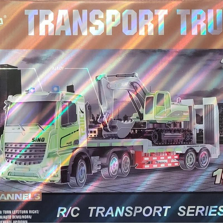 RC Semi Truck & Excavator Toy Set,1:12 RC Semi-Trailer Truck with Sound and Lights,2.4Ghz Remote Control Flatbed Truck with Green Excavator Toys Remoto