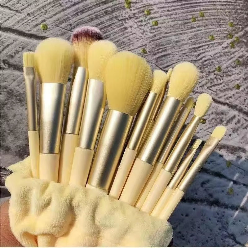 13-Piece Yellow Makeup Brush Set with Ultra Soft Bristles - Complete Professional Cosmetic Brush Kit for Foundation, Contour, Ey