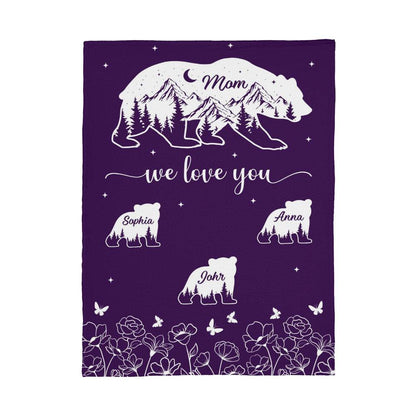 Mom We Love You Personalized Bear Blanket – Custom Mom Blanket with Kids Names, Mother’s Day Gift for Mom, Family Bear Throw Blanket