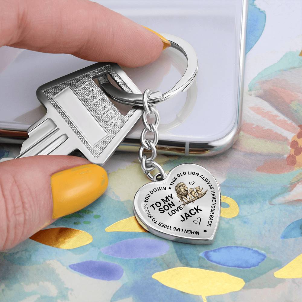 To My Son Heart Keychain Gift from Dad, Old Lion Always Has Your Back Personalized Keepsake