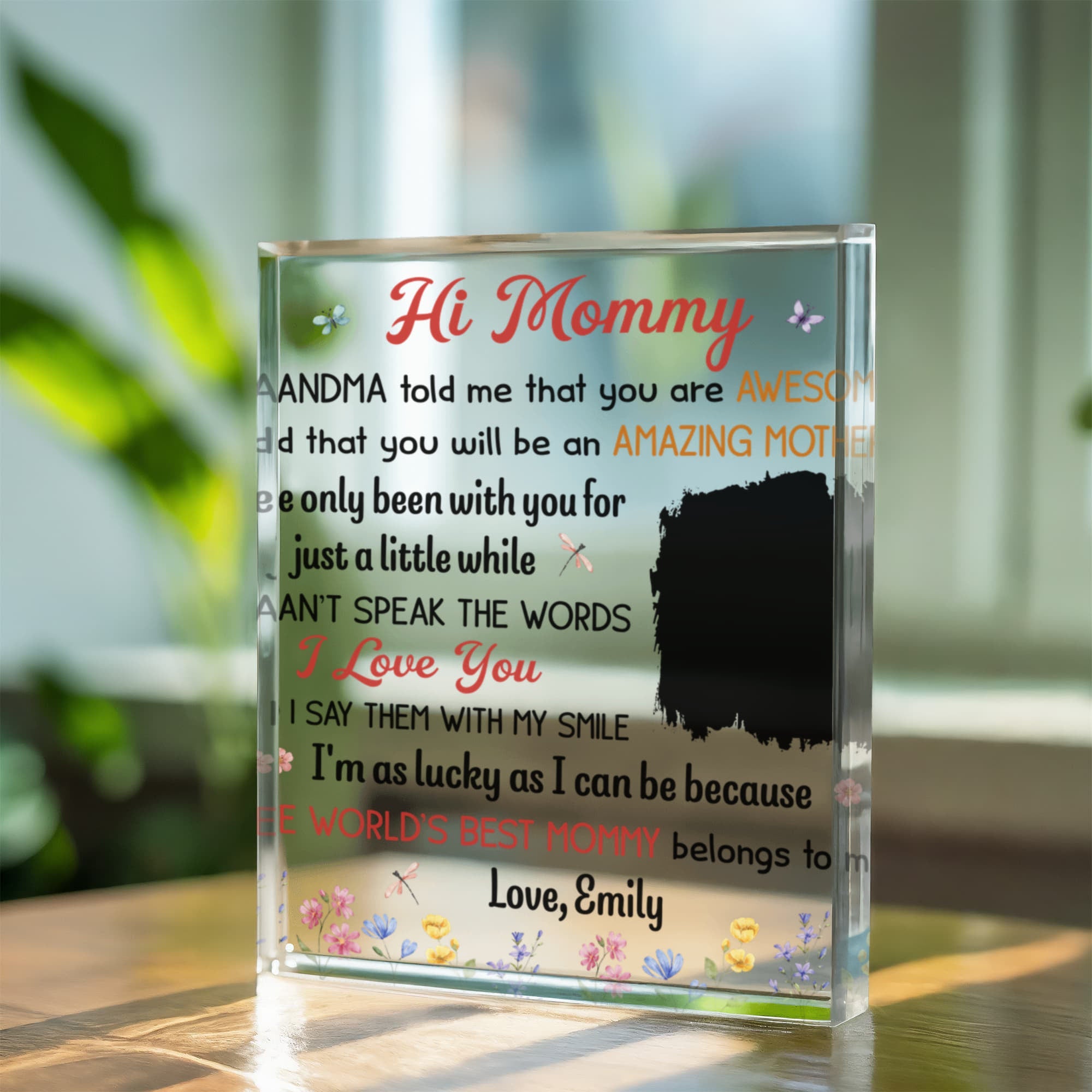 Glass block with personalized message to &