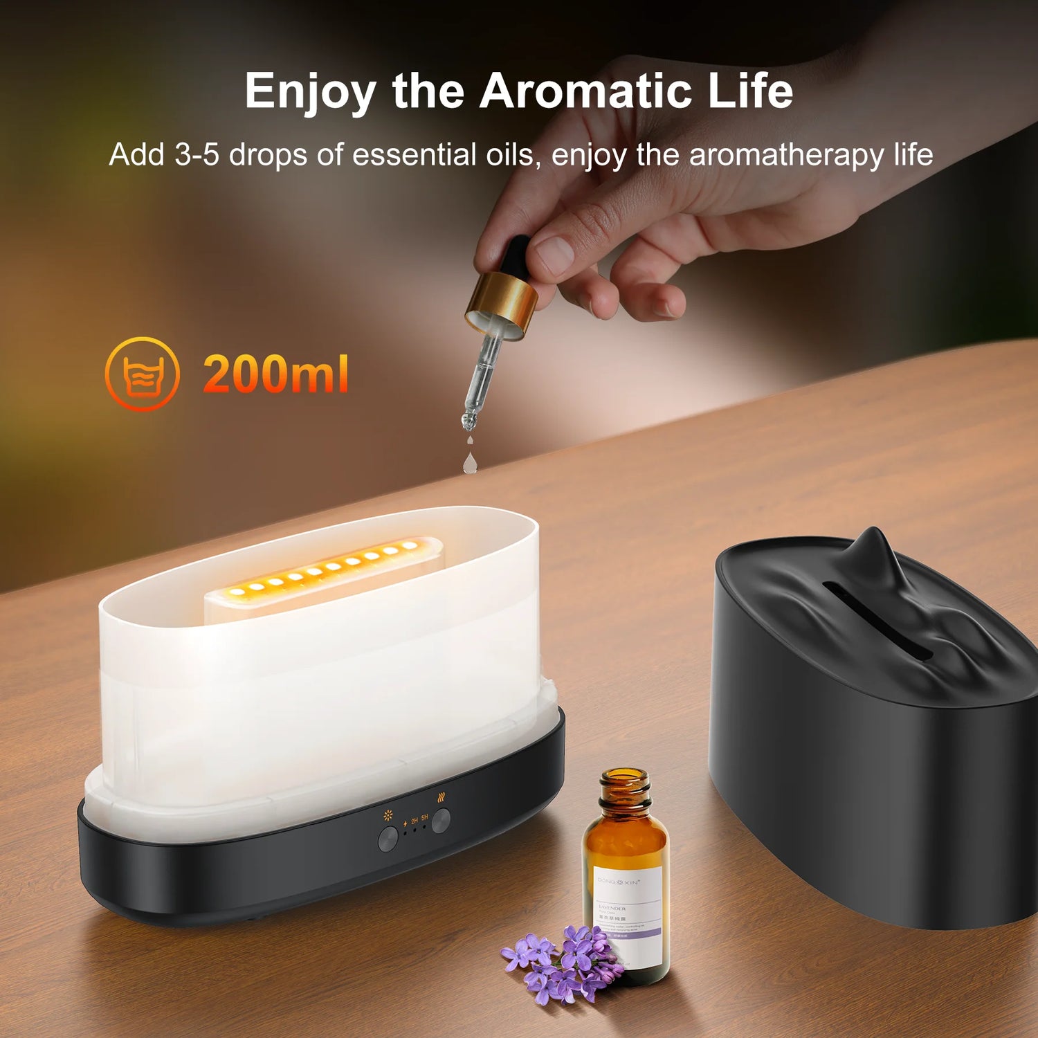 VAVSEA 7-Color Flame Essential Oil Diffuser & Humidifier - 200ml with Timer for Home & Room - Sleek Black Design