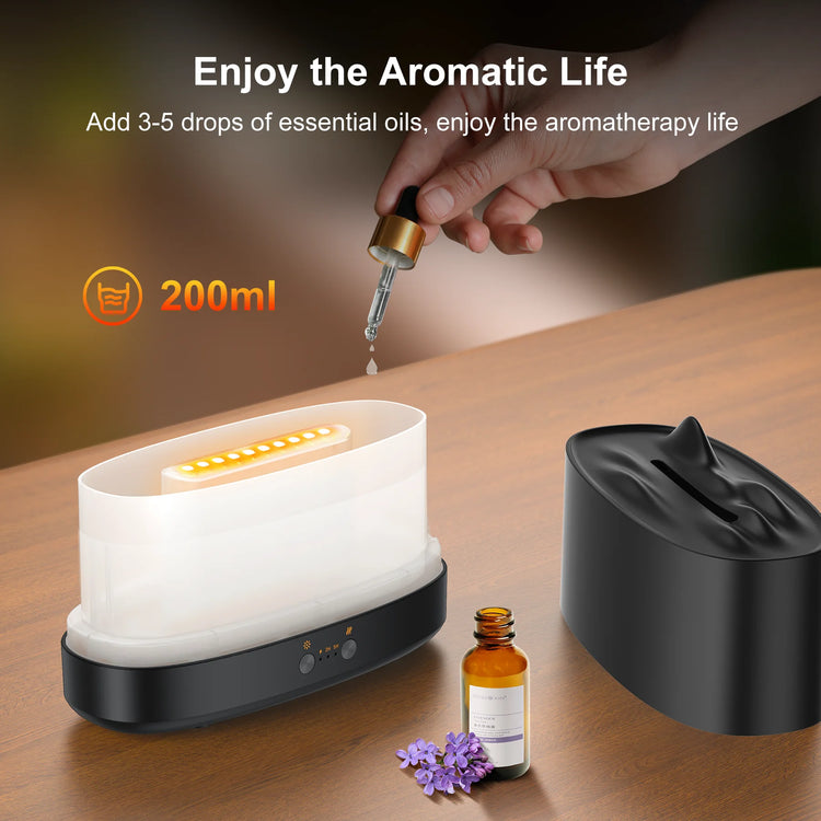 VAVSEA 7-Color Flame Essential Oil Diffuser & Humidifier - 200ml with Timer for Home & Room - Sleek Black Design