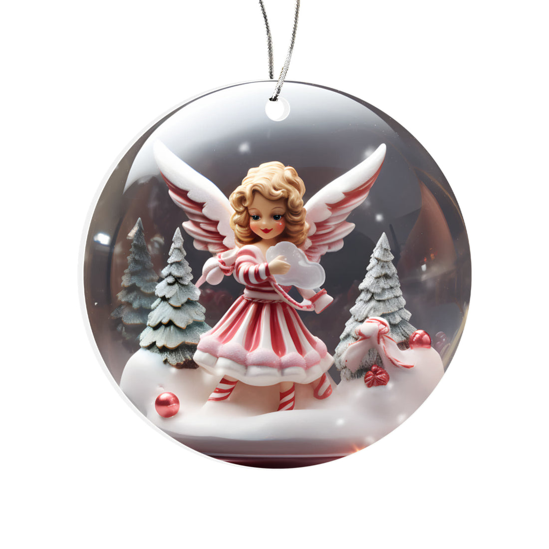Angel Series Snow Globe Edition - Candy Cane Angel Acrylic Ornament - Festive Stripe