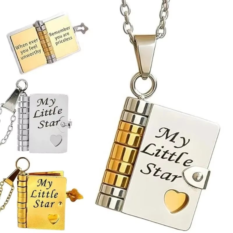 My Little Star Book Pendant Necklace for Daughter Openable Pages Engraved Letter Stainless Steel Necklace for Birthday Gift