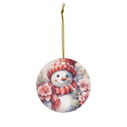 Snowman Series - Watercolor Snowman & Poinsettia Ceramic Christmas Ornament