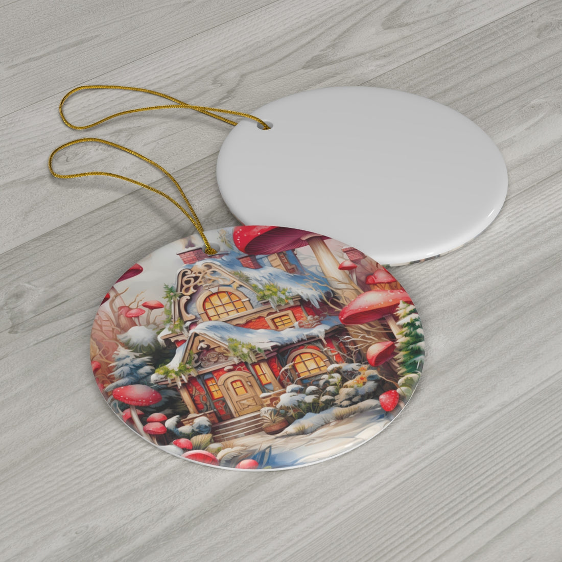 Fairytale Mushroom Cottage Ceramic Ornament - Whimsical Winter