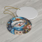 Snowman Series - Luxurious Blue Snowman & Winter Bouquet Ceramic Ornament