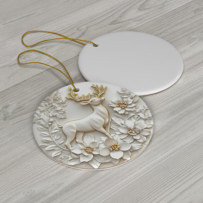 Elegant Ceramic Reindeer Ornament – Handcrafted White &amp; Gold Christmas Decoration | Winter Holiday Home Decor