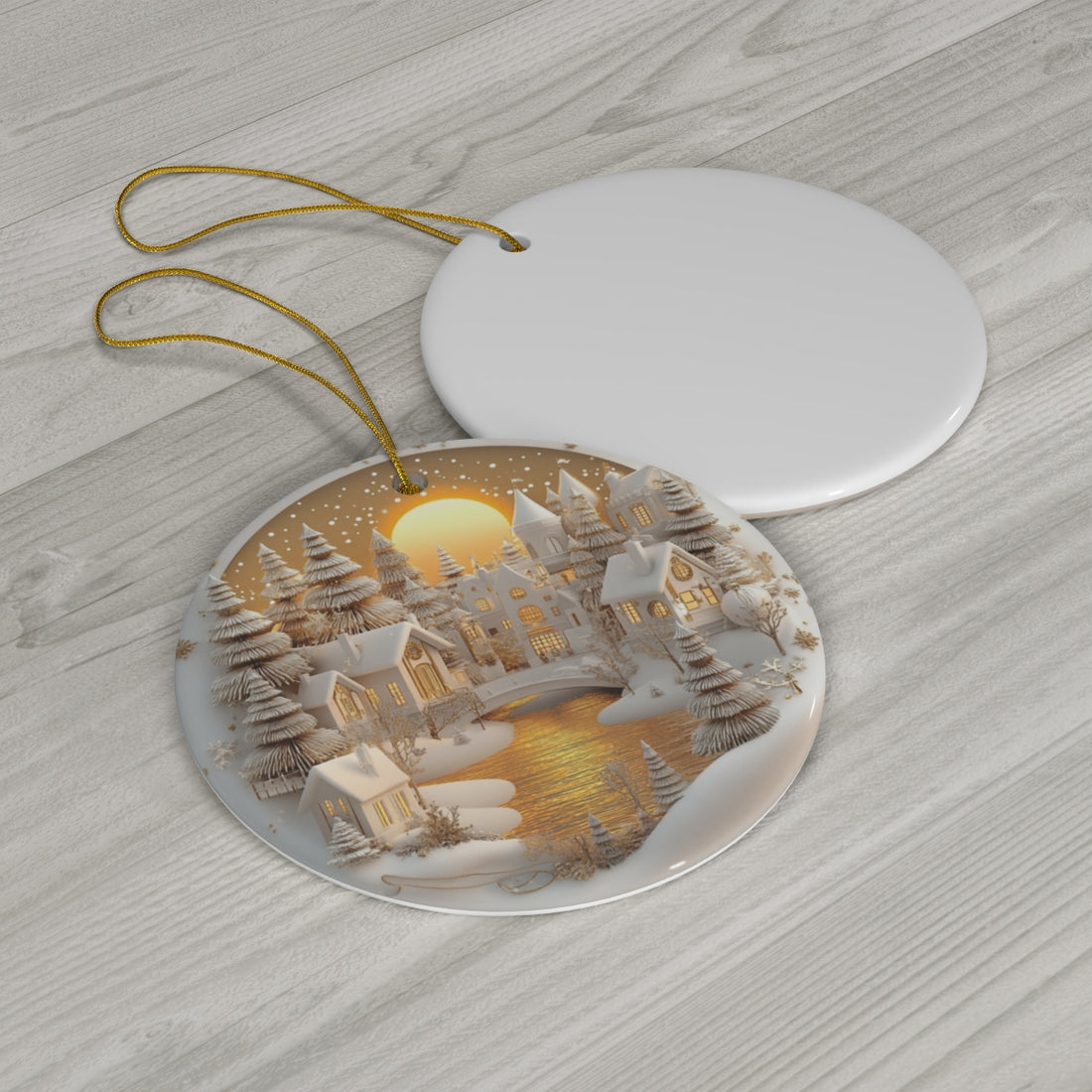 Golden Sunset Ceramic Christmas Village Ornament – Handcrafted White &amp; Gold Winter Scene | Elegant Holiday Home Décor