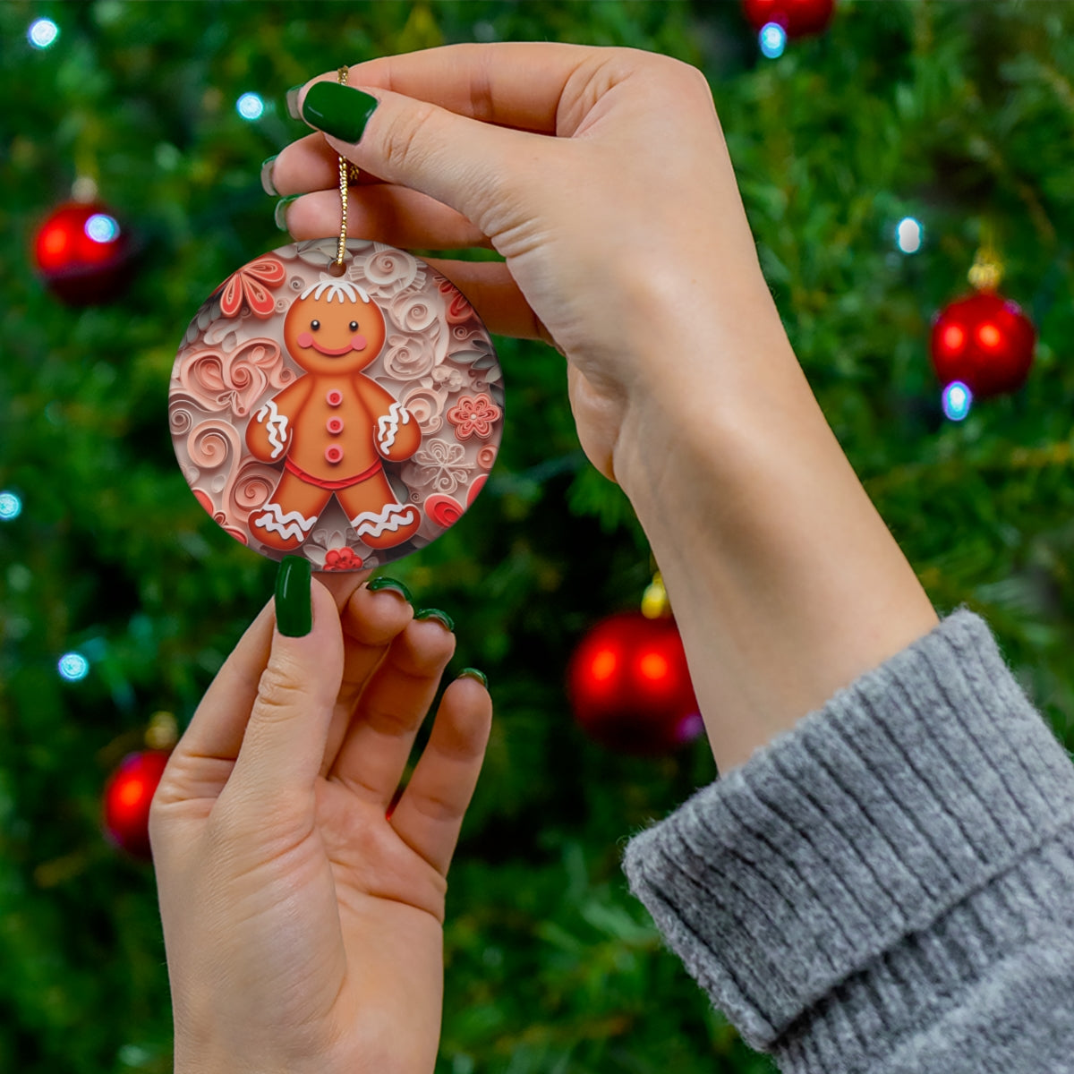 Gingerbread Series - Gingerbread Man Quilling Art Ceramic Ornament - Pink &amp; Red Florals