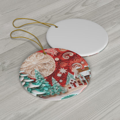 Quilling Art Ceramic Ornament - Red Moon Winter Village