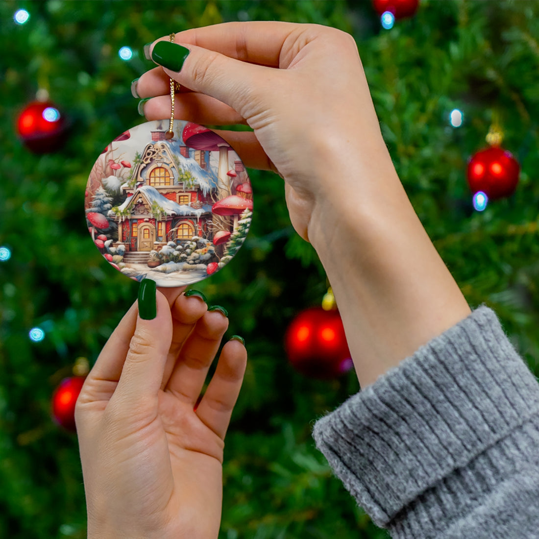 Fairytale Mushroom Cottage Ceramic Ornament - Whimsical Winter