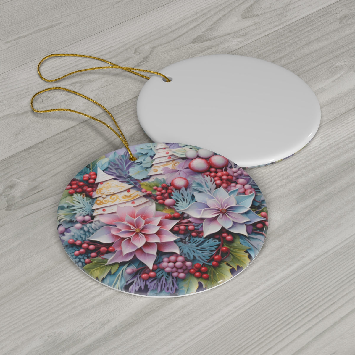 Pastel Floral Christmas Ceramic Ornament - Sculpted Poinsettia