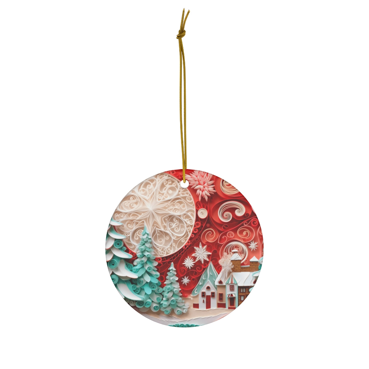 Quilling Art Ceramic Ornament - Red Moon Winter Village