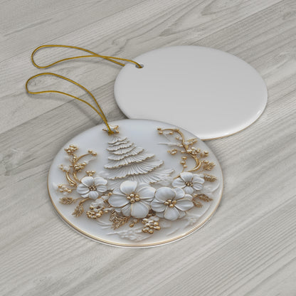 Elegant Ceramic Christmas Tree Ornament – Handcrafted White &amp; Gold Holiday Decoration with Floral Design | Luxury Home Décor