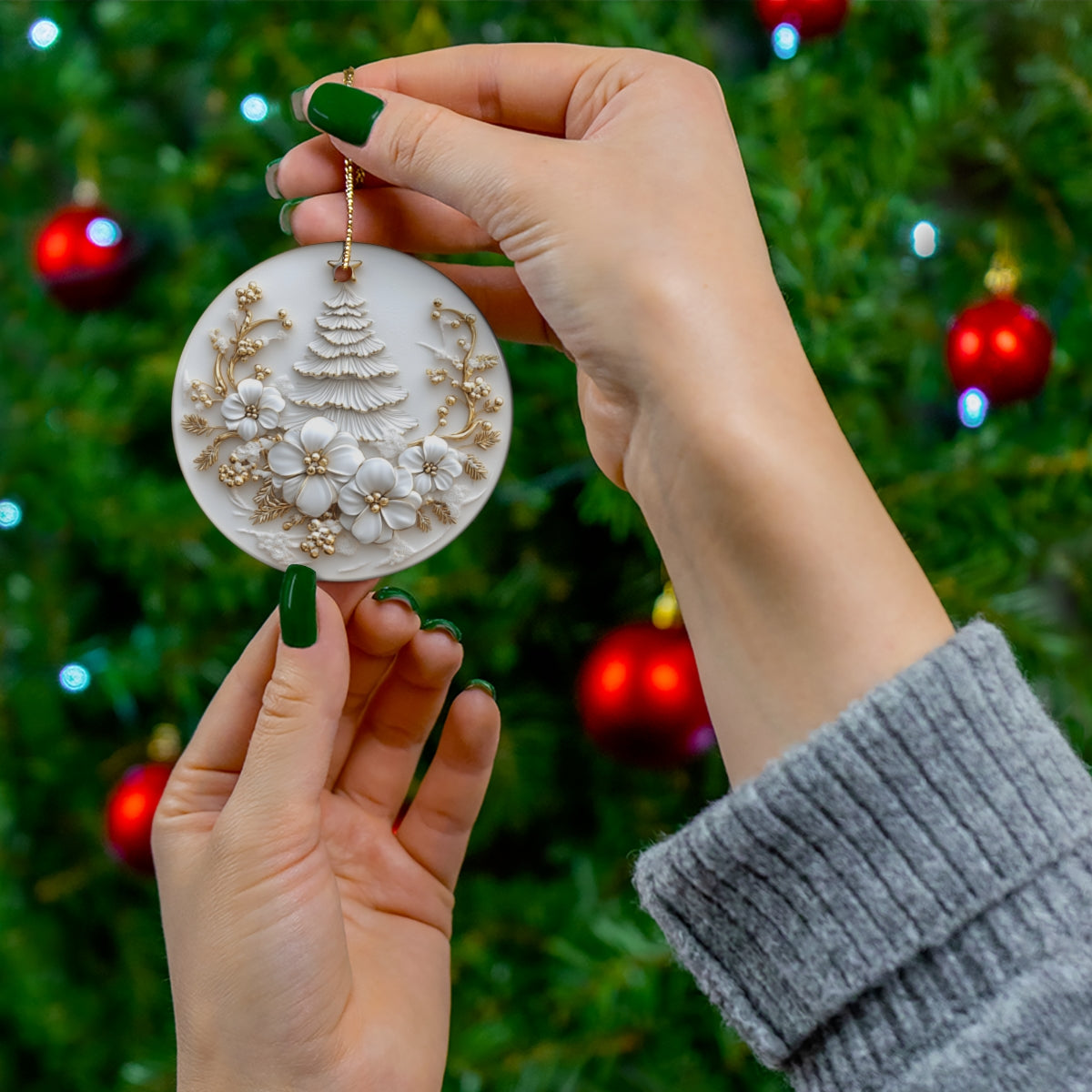 Elegant Ceramic Christmas Tree Ornament – Handcrafted White &amp; Gold Holiday Decoration with Floral Design | Luxury Home Décor