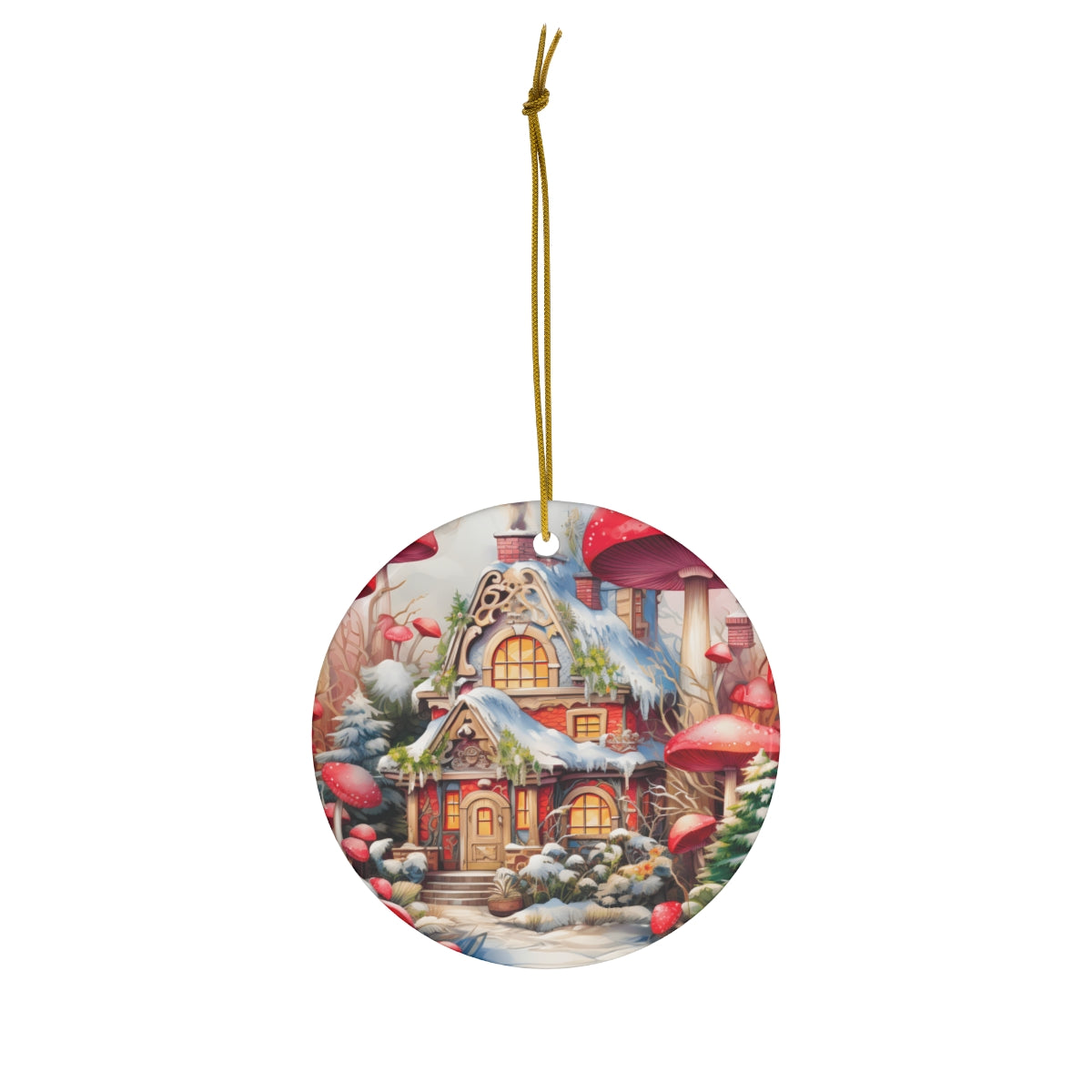 Fairytale Mushroom Cottage Ceramic Ornament - Whimsical Winter