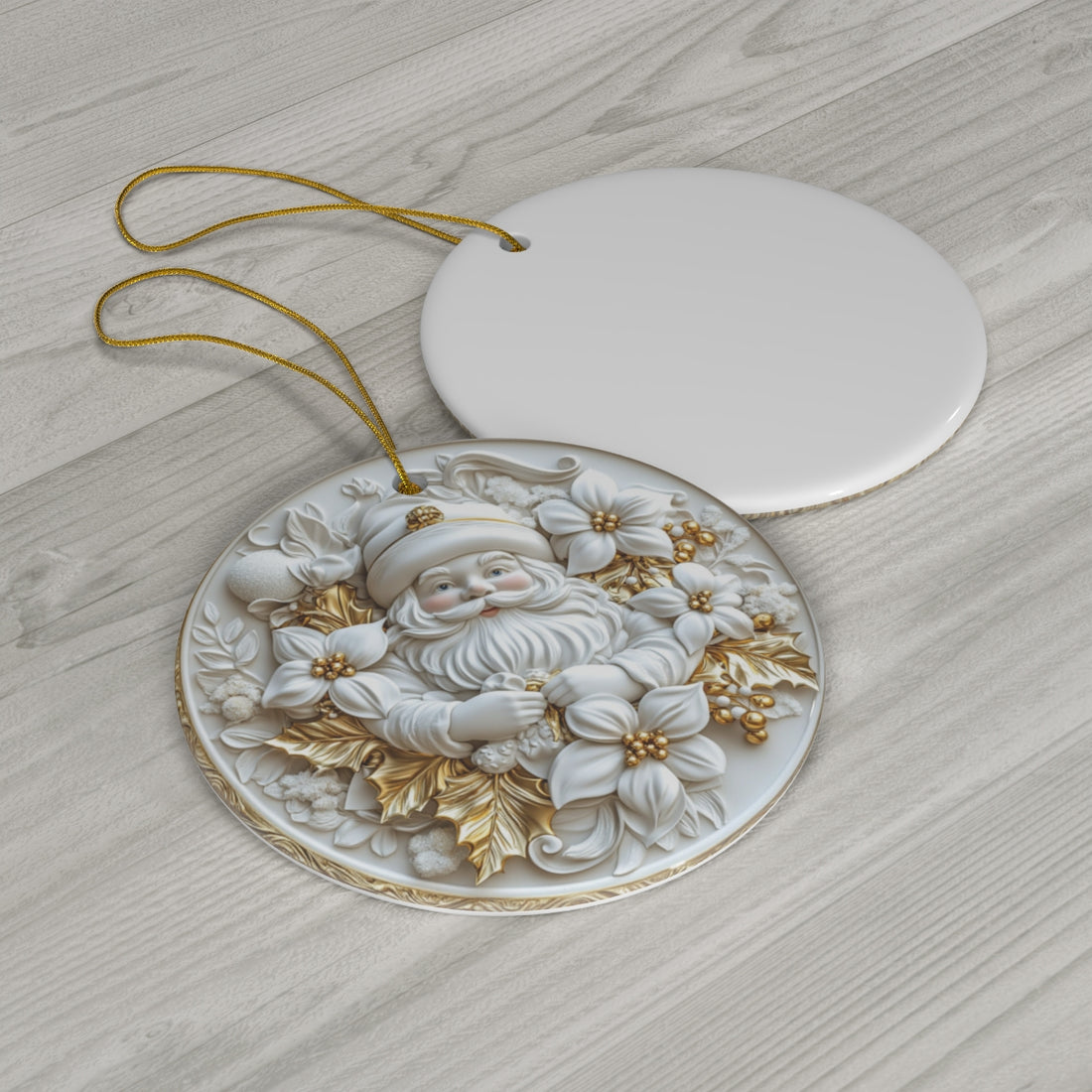 White &amp; Gold Santa Ceramic Ornament – Round Relief Christmas Tree Decoration, Elegant Keepsake Gift