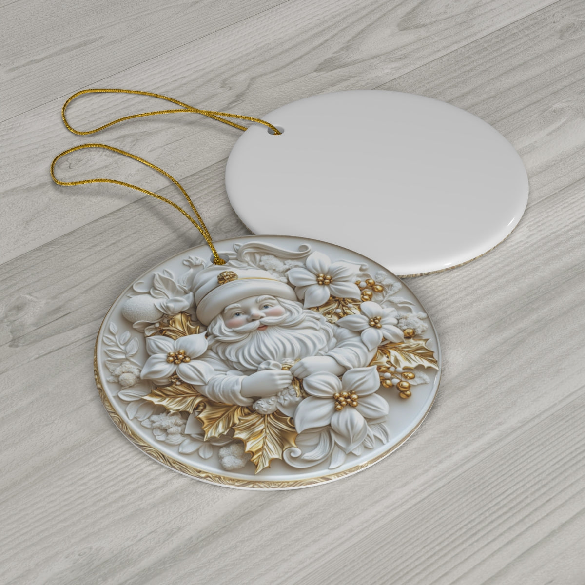 White &amp; Gold Santa Ceramic Ornament – Round Relief Christmas Tree Decoration, Elegant Keepsake Gift