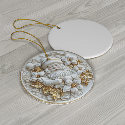 White &amp; Gold Santa Ceramic Ornament – Round Relief Christmas Tree Decoration, Elegant Keepsake Gift